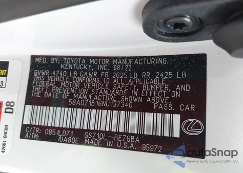 2022 Lexus Es 350 Base/350 Luxury/350 Ultra Luxury/350 F Sport z USA, uszkodzony, nr VIN 58ADZ1B16NU137340